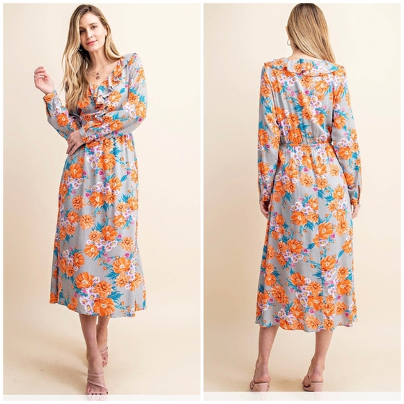 Boho Chic Slate Gray Floral Flowy Long Sleeves Midi Dress - Picture 5 of 7